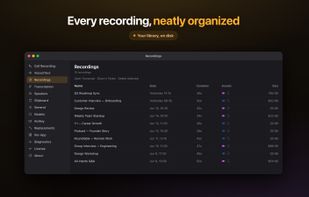Every recording kept in a searchable library on your own disk.
