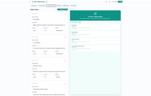 Add session types with name, description, duration, price, and subject. Live preview updates in real time as you type. Supports multiple session types per page.