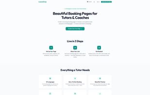 Clean hero section with 3-step setup flow and feature overview. 30 languages, zero-friction booking, beautiful themes, smart calendar, session packages, analytics dashboard.