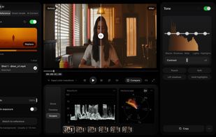 Reference match: choose a still whose look you love, and Leumos matches your shot to it. Compare before and after, then fine-tune with the tone controls, with the waveform and vectorscope alongside.