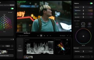 AI Correct: sets exposure, white balance and levels in one pass, for one shot or every shot in the timeline. Fine-tune exposure, temperature, tint, saturation and color wheels in the Balance panel.