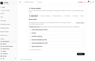 One command, then the setup wizard checks the server and walks you to a first app.