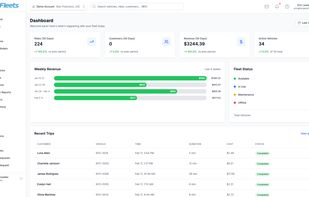 Fleet dashboard with real-time KPIs, revenue tracking, and ride statistics