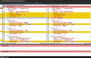 Side-by-side file comparison on macOS: gold difference blocks, word-level highlights inside each line, ghost-line alignment and the Diff Pane showing the current difference.
