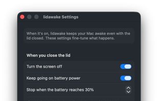 lidawake's Settings — plain-language switches for what happens when you close the lid.