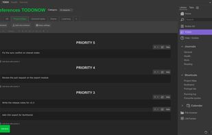 The task manager view, that organizes tasks in three axes : topics (horizontal), status (vertical) and priority.