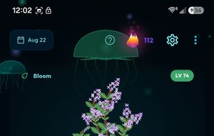 Home screen: today's logged categories at a glance, with Bloom, your companion plant, growing as you log.