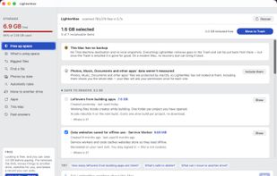 Free up space: every item says what it is, what happens if you remove it, and when you last used it. Cleared items go to the Trash, never straight to deletion.