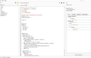 LightGitPad v0.2.18: project tree, syntax-highlighted code and Git changes in a demo repository.