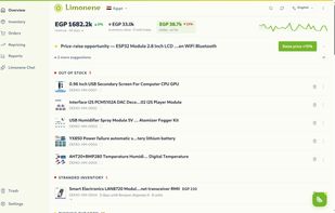 Dashboard overview: revenue, out-of-stock alerts and one-click AI price suggestions