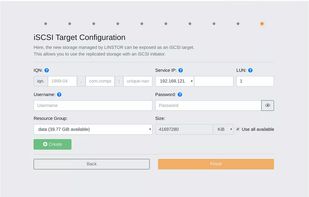 iSCSI target configuration screen.