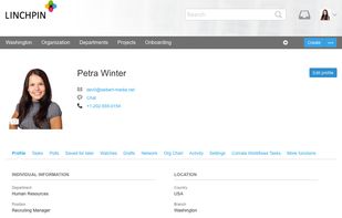 Enhanced user profiles
Linchpin's enhanced user profiles form the basis for customizing the user experience and performing company-wide advanced searches. You are free to define what information the employee's user profile should and must provide. Automatically generated organization charts display their hierarchical position in the company or team.