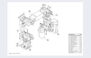 A finished parts drawing (Pro): each part numbered with a balloon and leader line, and a parts list table with item, part name and quantity. Exports as vector PDF or SVG, and the parts list as CSV.