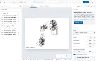A 91-part robot arm opened from a STEP file in the browser, drawn as an exact hidden-line isometric view with hidden edges dashed. Line weights for outlines, sharp edges, smooth edges and hidden lines are set in millimetres on the right.