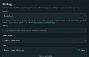 Dubbing settings: voice provider, voice and speaking style; the original audio can be kept as a second track.