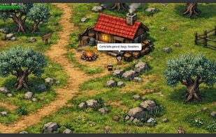 World I — the countryside, isometric exploration with olive groves and a cottage NPC