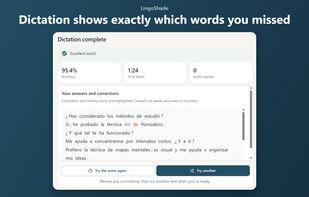 Dictation result: accuracy score and a word-by-word comparison that shows exactly what you missed.