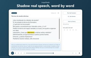 Shadowing: the current word is highlighted in sync with the audio, with the translation below.