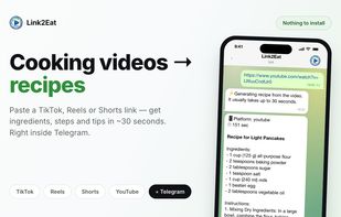 A link to a cooking video is sent to the bot in Telegram and comes back as a structured recipe — ingredients with quantities and numbered steps — in about 30 seconds.