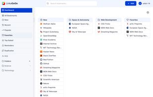 Dashboard page displaying various dynamic list, favorites newly added bookmarks, two folders. The bookmark filter on top and lots of bookmark views on the left.