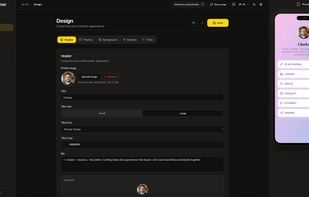Design editor — customize header, themes, buttons and fonts with live preview