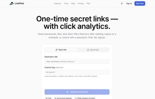 Homepage — create branded short links and one-time secret links with click analytics, no signup required