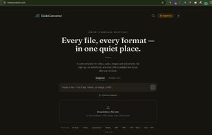 The home page: paste a link or drop a file to get started. The same box handles both video downloads and file conversion — no account, no watermark.

