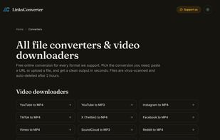The full tool index: every supported conversion and downloader in one place, grouped by video, audio, image and document.
