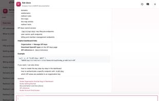 An "Ask docs" AI assistant modal overlaying the LinkShift platform, displaying technical documentation about API keys, a cURL code example, and an empty question input field.