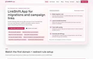 LinkShift.app homepage showing the main headline for migrations and campaign links, key feature cards, call-to-action buttons, and a preview section for a video demo.