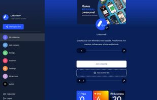 Overview of the dashboard with the options to edit the page, add content, design the page and analyse profile data.