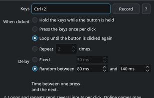 Button settings: keys, click mode (hold, once, loop, repeat) and delay