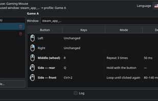 Main window: a game profile with the side buttons remapped