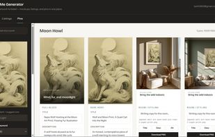 Pinterest pins generated for a piece across multiple room scenes, with pin copy drafted for each.