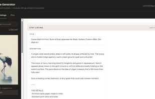 A full Etsy listing generated from one artwork — title, description, and tags, honest to the piece.