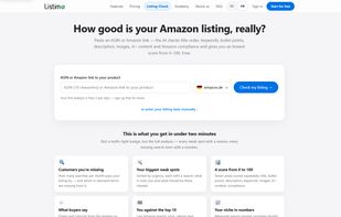 Free listing check: any ASIN scored from 0 to 100 across seven areas.