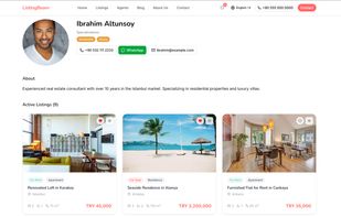 Agent profile page showing bio, contact details, WhatsApp integration, and active property listings.