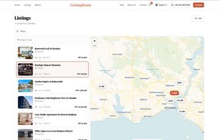 Map-based property search with interactive location markers and synchronized listing results.