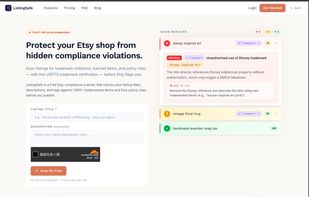 Scan results flag trademark and policy risks with severity and how-to-fix guidance