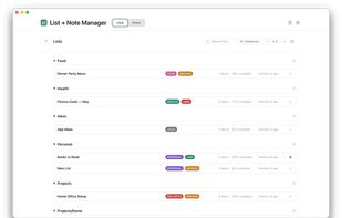 Lists organised by category with priority levels and completion tracking