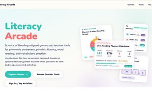 Literacy Arcade homepage showing free science of reading–aligned games, teacher tools, and optional saved activities.