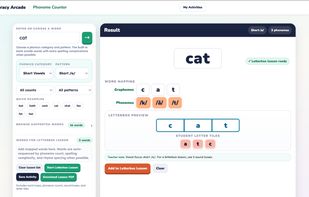 Teacher tool for counting phonemes, mapping graphemes to phonemes in Elkonin boxes, and launching or printing Letterbox Lessons.