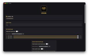 The main interface of LitLink that shows the Mic Passthrough and the Audio Levels. Mic Passthrough is built into LitLink and is a simple one-click toggle. 