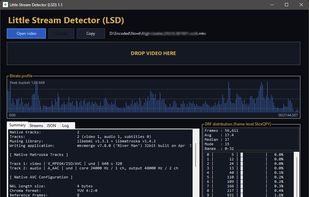 Little Stream Detector 2.0 analysis view with bitrate profile, DRF distribution, summary statistics and native AVC/HEVC/AV1 stream analysis.