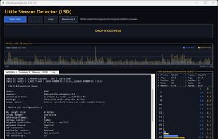 Little Stream Detector 3.0 analysis view with bitrate profile, DRF distribution, summary statistics and native AVC/HEVC/AV1 stream analysis.
