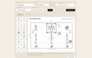 The stage plot tool, with a 4-piece band on stage, the icon palette and the PDF, PNG and share buttons. It already has the label fix.