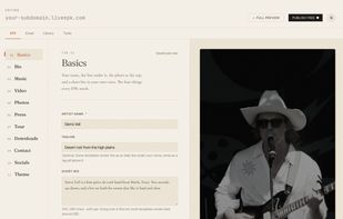 The current editor shows the EPK, Email, Library and Tools tabs and the "Publish Free" button, with a filled-in demo kit and the live preview beside the form. No personal email is visible.