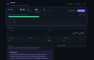 Operator dashboard: audio status, listeners, languages and minutes left