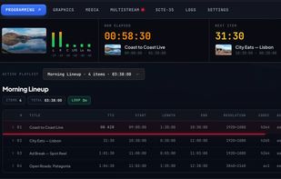 Build the channel's week in a browser: drag programmes from your library into the grid, set live services and repeats, and the channel runs it around the clock.