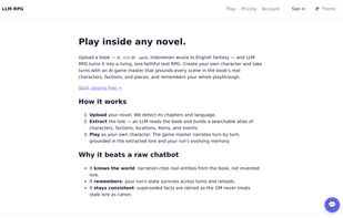 LLM RPG generates narrative worlds with extraction pipelines that build structured lore atlases, not just prompt wrappers. The AI game master references this atlas every turn, so NPCs remember you and locations stay consistent across sessions.